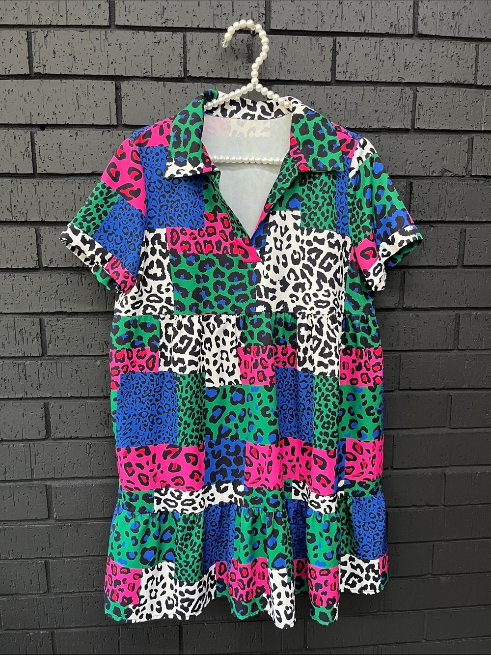 Colorblock Leopard Print Short Sleeve Dress - Bright Multi